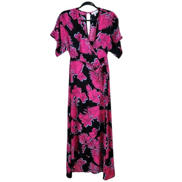 Monteau Womens Maxi Wrap Dress Size S Pink Black Floral Tie Front Kimono Sleeve - Picture 1 of 11